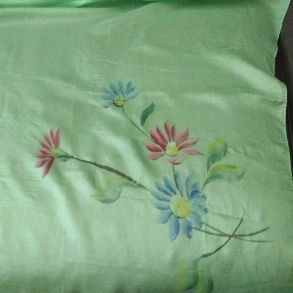 Hand painted Floral Green Silk Scarf